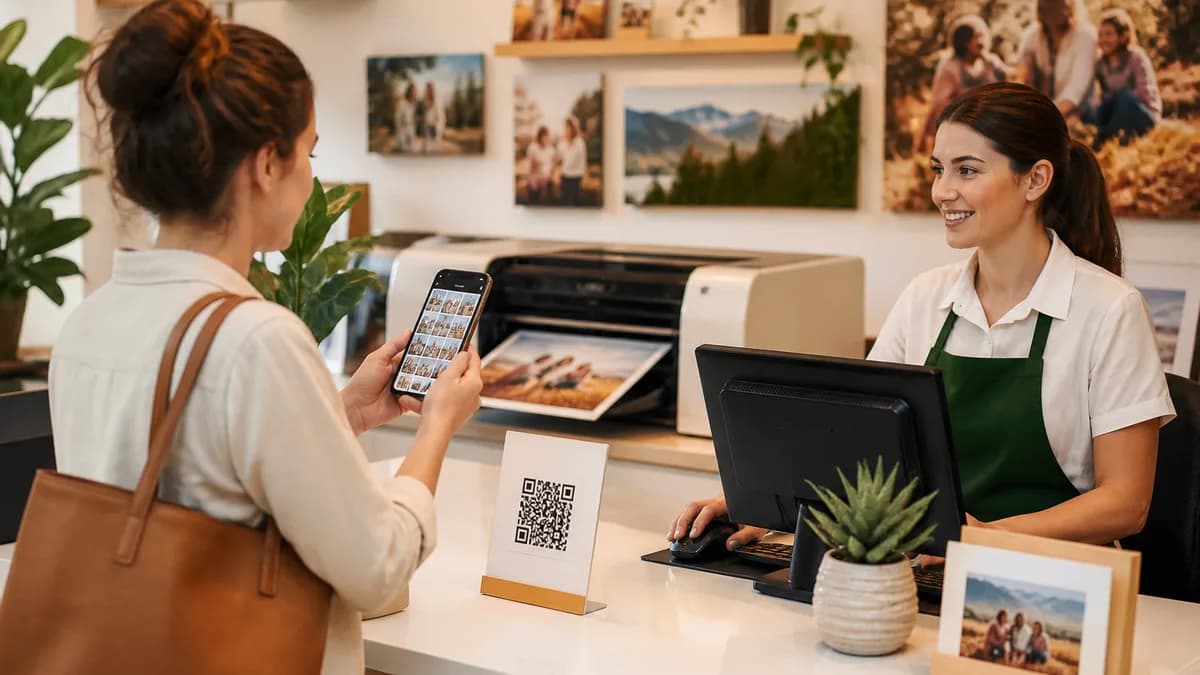 Клиент оформляет заказ на фотопечать по QR-коду в студии